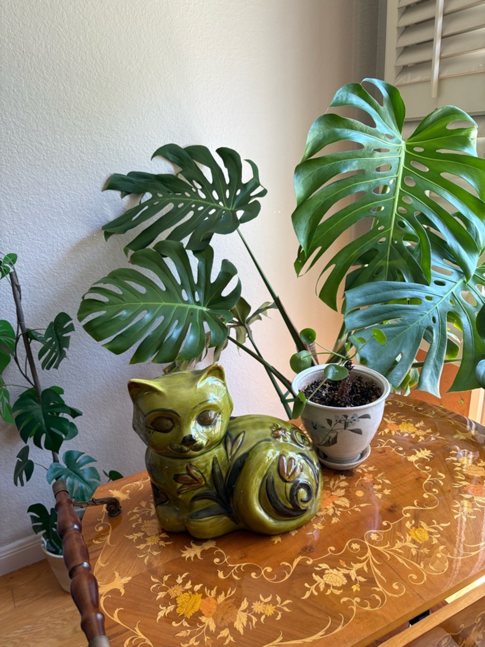 Vintage Avocado Cat Cookie Jar with Floral Accent California Potteries MCM 1960s